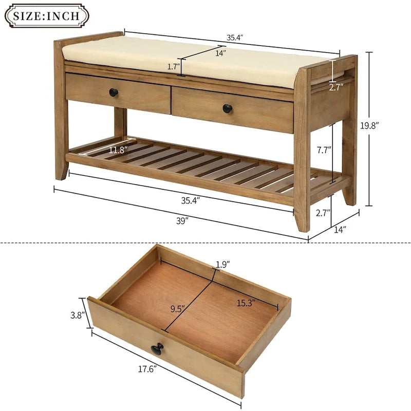 Banc de rangement multifonctionnel avec porte-chaussures, assise rembourrée et tiroirs