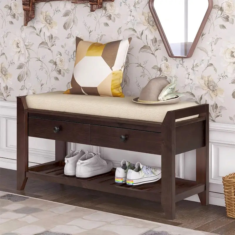 Banc de rangement multifonctionnel avec porte-chaussures, assise rembourrée et tiroirs
