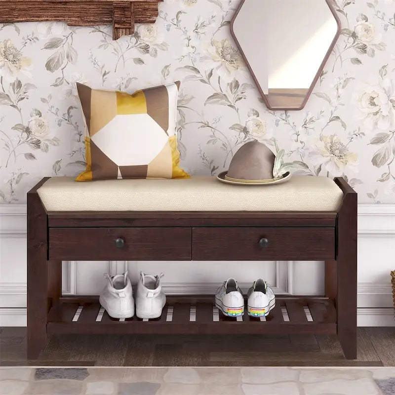 Banc de rangement multifonctionnel avec porte-chaussures, assise rembourrée et tiroirs