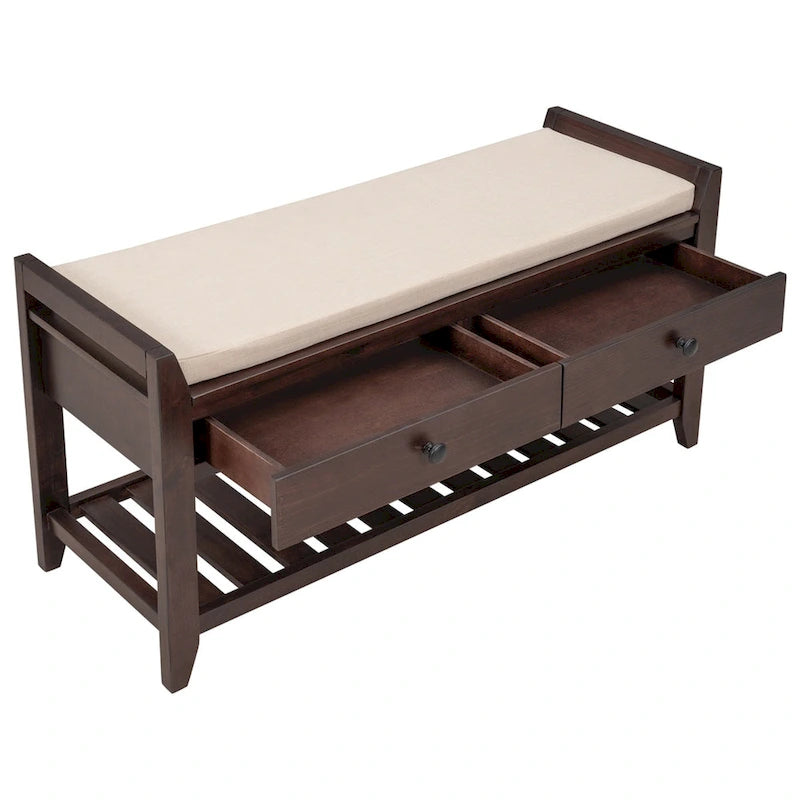 Banc de rangement multifonctionnel avec porte-chaussures, assise rembourrée et tiroirs