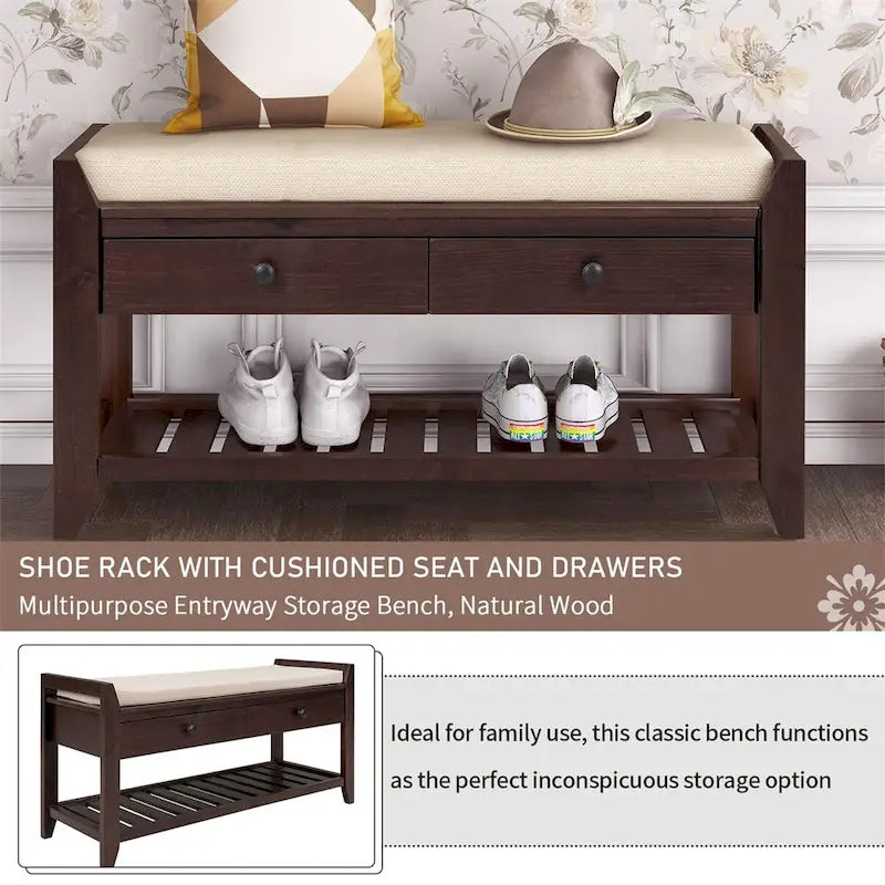 Banc de rangement multifonctionnel avec porte-chaussures, assise rembourrée et tiroirs