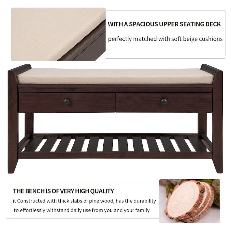 Banc de rangement multifonctionnel avec porte-chaussures, assise rembourrée et tiroirs