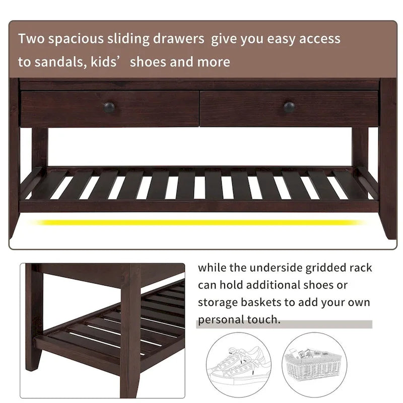 Banc de rangement multifonctionnel avec porte-chaussures, assise rembourrée et tiroirs