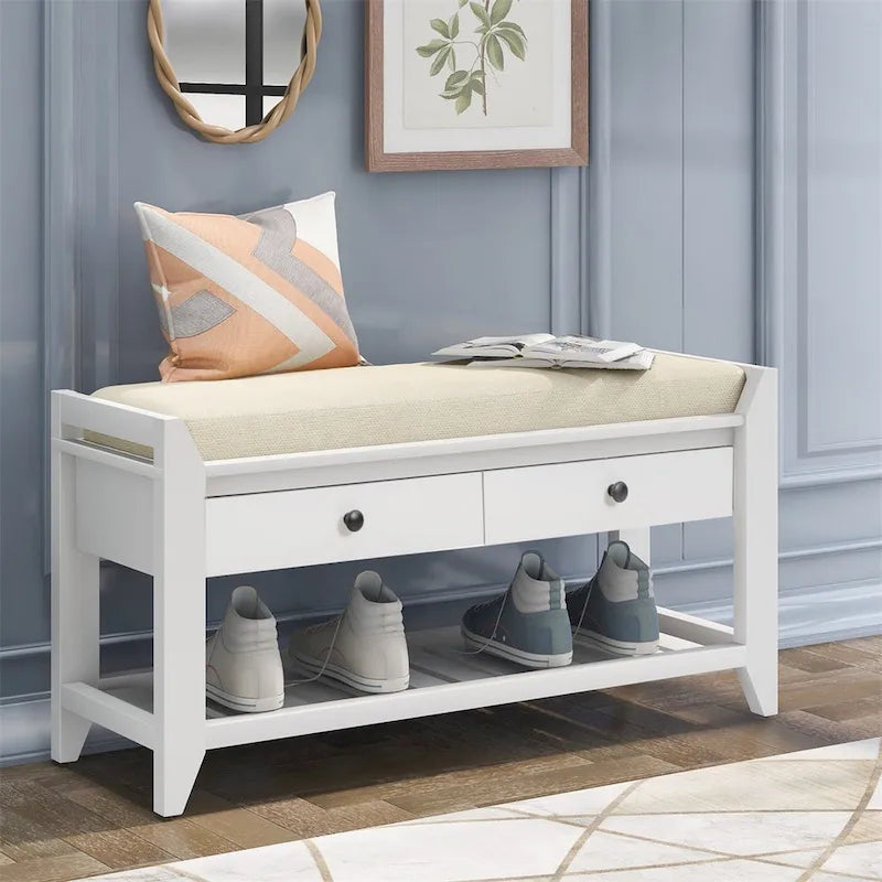 Banc de rangement multifonctionnel avec porte-chaussures, assise rembourrée et tiroirs