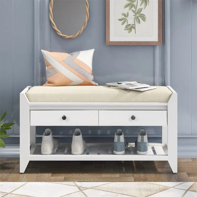 Banc de rangement multifonctionnel avec porte-chaussures, assise rembourrée et tiroirs