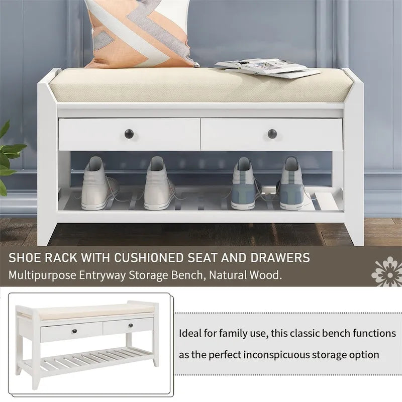 Banc de rangement multifonctionnel avec porte-chaussures, assise rembourrée et tiroirs
