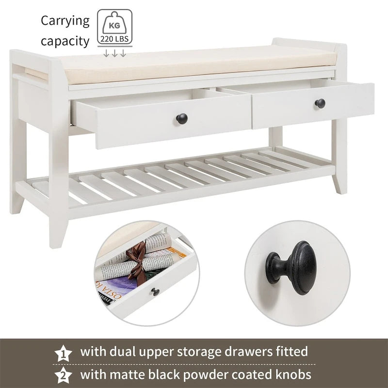 Banc de rangement multifonctionnel avec porte-chaussures, assise rembourrée et tiroirs