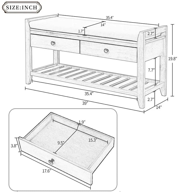 Banc de rangement multifonctionnel avec porte-chaussures, assise rembourrée et tiroirs
