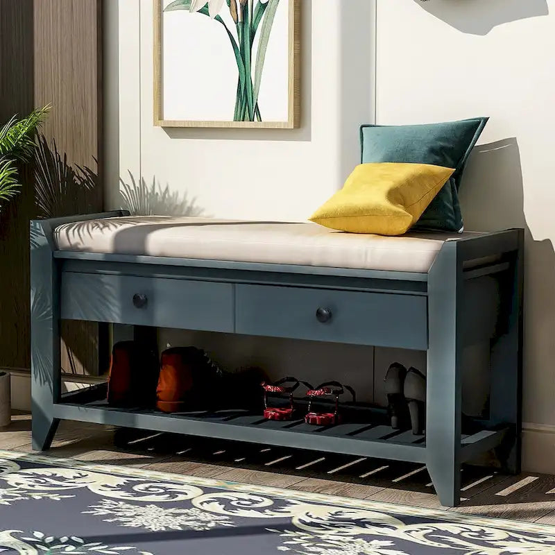 Banc de rangement multifonctionnel avec porte-chaussures, assise rembourrée et tiroirs