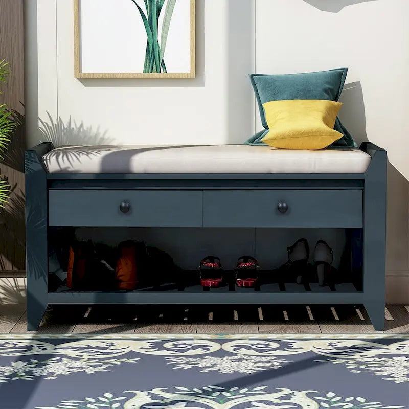 Banc de rangement multifonctionnel avec porte-chaussures, assise rembourrée et tiroirs