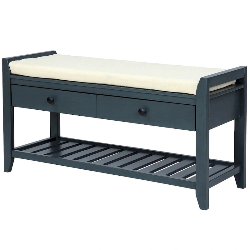 Banc de rangement multifonctionnel avec porte-chaussures, assise rembourrée et tiroirs