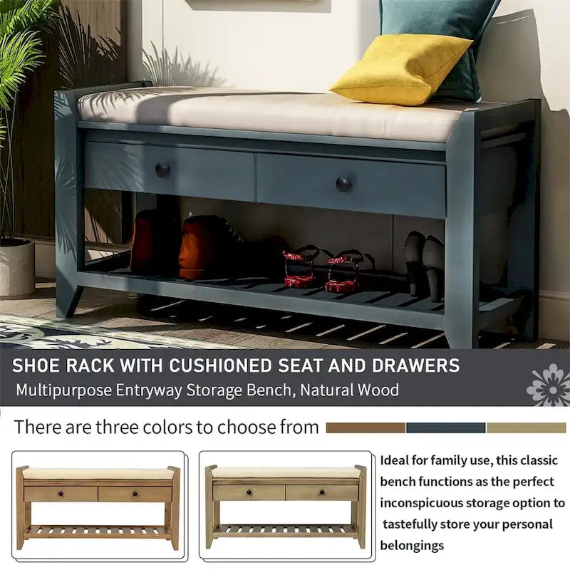 Banc de rangement multifonctionnel avec porte-chaussures, assise rembourrée et tiroirs
