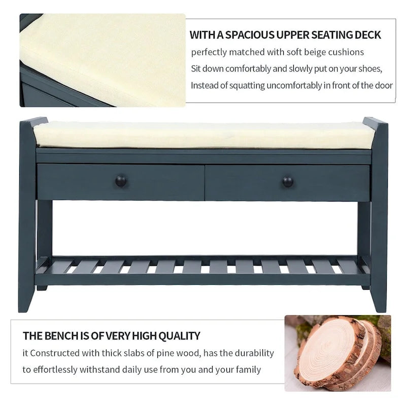Banc de rangement multifonctionnel avec porte-chaussures, assise rembourrée et tiroirs