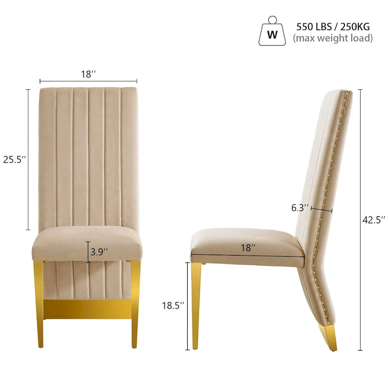 Chaises de salle à manger modernes à dossier haut, style Channel, avec clous décoratifs et pieds en métal poli