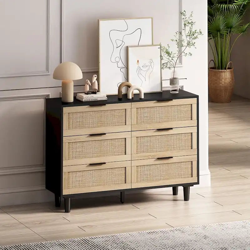 Commode de rangement en rotin à 6 tiroirs, Meuble à tiroirs en rotin