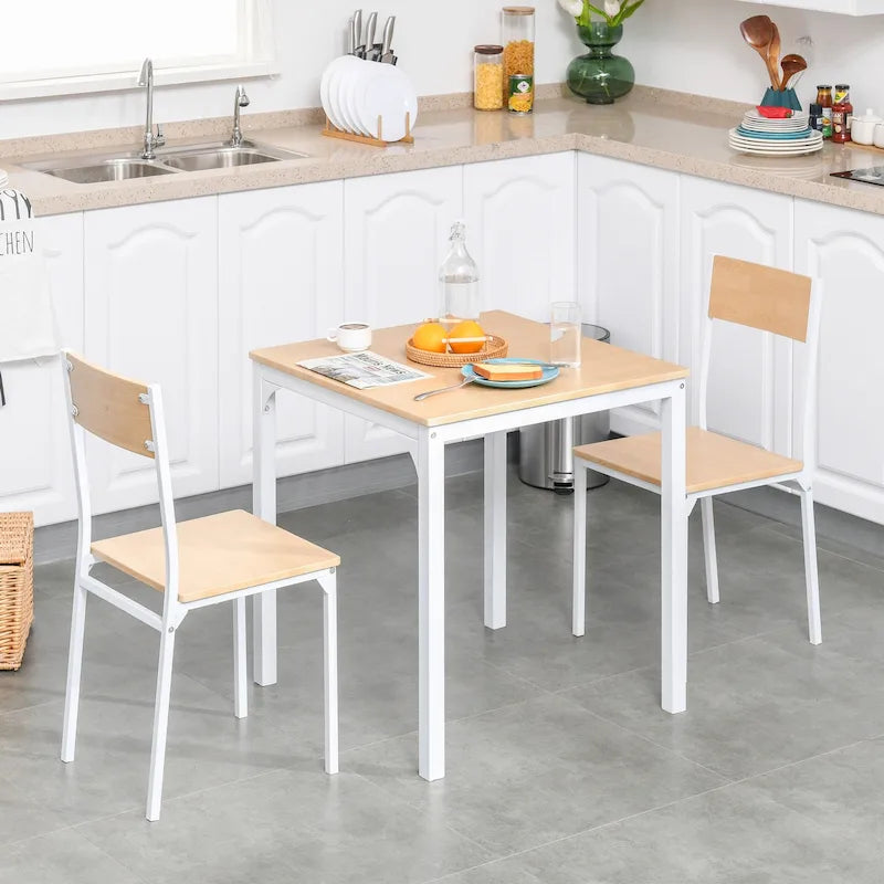 Ensemble de salle à manger carré 3 pièces en bois avec 1 table et 2 chaises et cadre en métal robuste, blanc