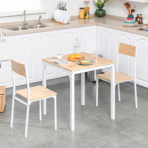 HOMCOM 3-Piece Wooden Square Dining Table Set with 1 Table and 2 Chairs and Sturdy Metal Frame, White