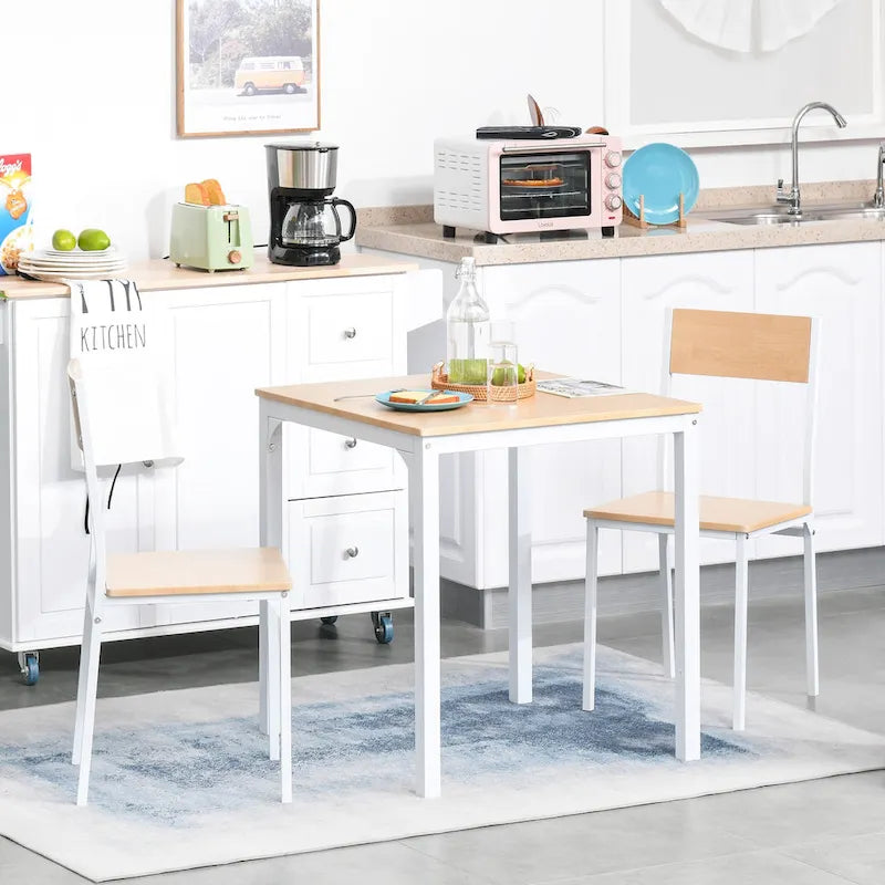 Ensemble de salle à manger carré 3 pièces en bois avec 1 table et 2 chaises et cadre en métal robuste, blanc