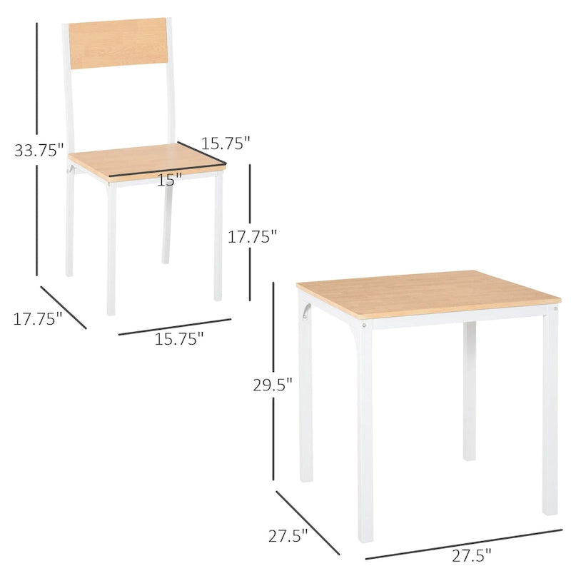 Ensemble de salle à manger carré 3 pièces en bois avec 1 table et 2 chaises et cadre en métal robuste, blanc