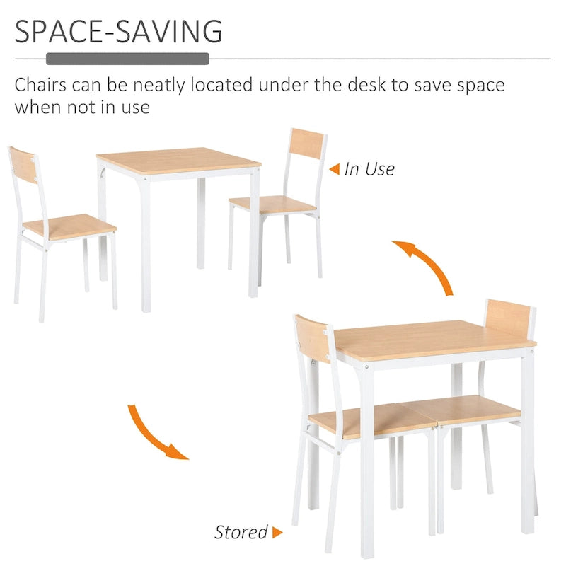Ensemble de salle à manger carré 3 pièces en bois avec 1 table et 2 chaises et cadre en métal robuste, blanc