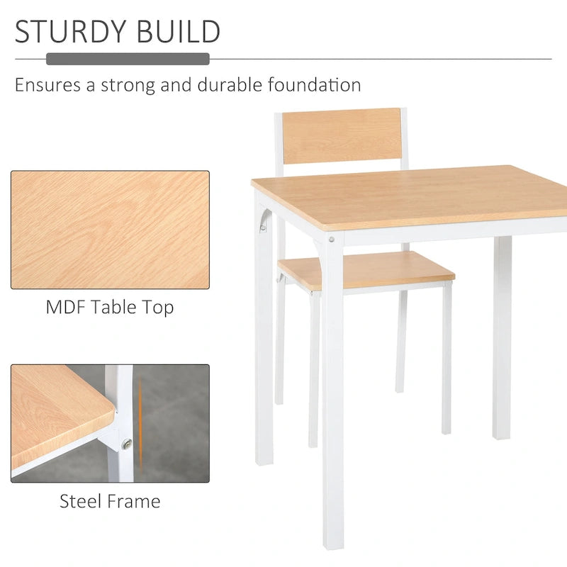Ensemble de salle à manger carré 3 pièces en bois avec 1 table et 2 chaises et cadre en métal robuste, blanc
