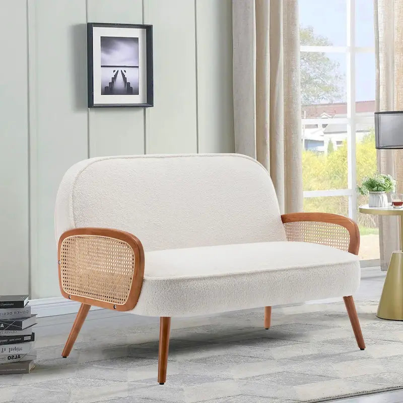Mini-causeuse de 41 po de large avec accoudoirs en rotin naturel, petite causeuse/banquette moderne rembourrée avec dossier