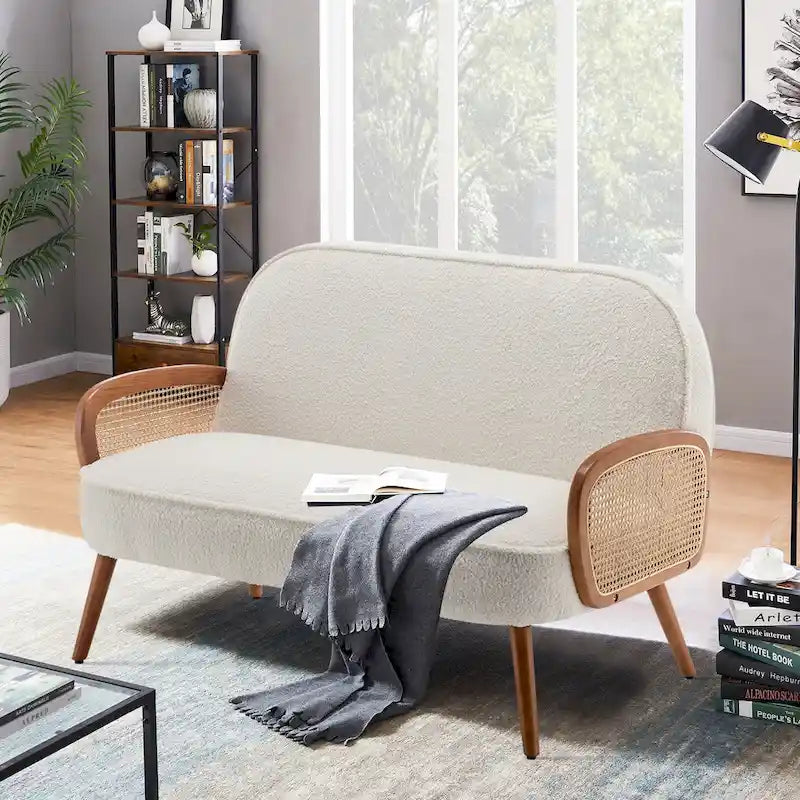 Mini-causeuse de 41 po de large avec accoudoirs en rotin naturel, petite causeuse/banquette moderne rembourrée avec dossier