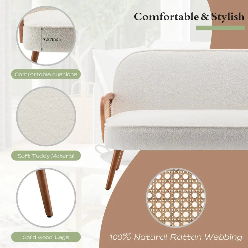 Mini-causeuse de 41 po de large avec accoudoirs en rotin naturel, petite causeuse/banquette moderne rembourrée avec dossier
