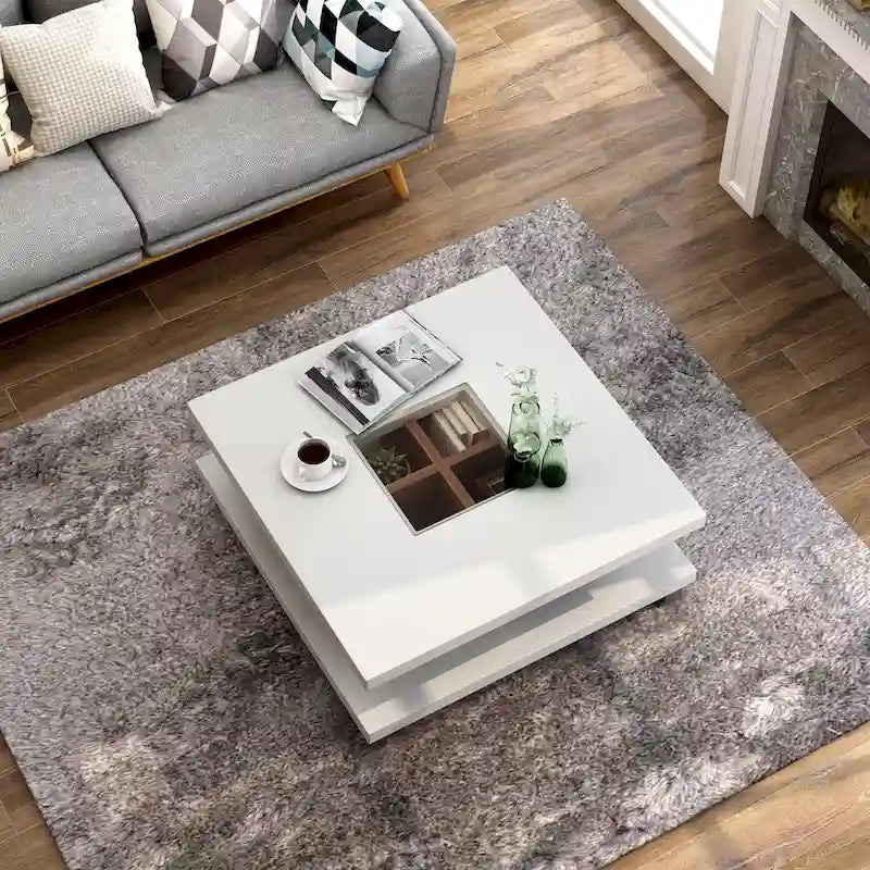 Table basse profil bas avec insert en verre Sele Modern White de 81 cm