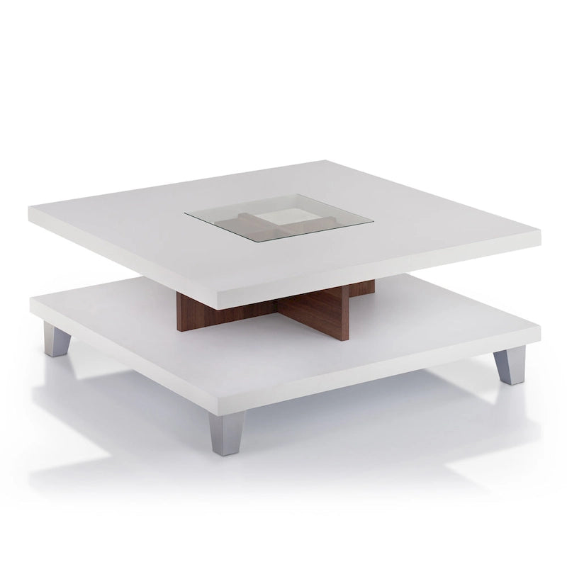 Table basse profil bas avec insert en verre Sele Modern White de 81 cm