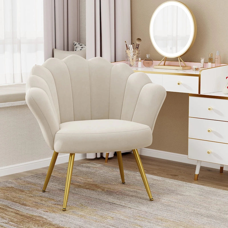 Fauteuil d'appoint pour salon, jolie chaise de coiffeuse en velours doré avec dossier pour salle de maquillage, chaise de bureau rembourrée en forme de coquille