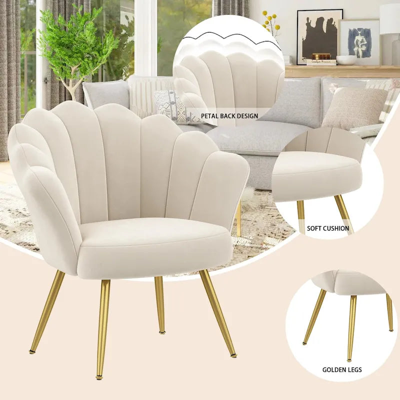 Fauteuil d'appoint pour salon, jolie chaise de coiffeuse en velours doré avec dossier pour salle de maquillage, chaise de bureau rembourrée en forme de coquille