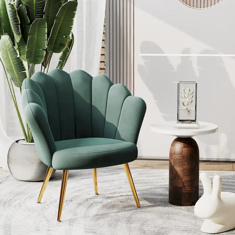 Fauteuil d'appoint pour salon, jolie chaise de coiffeuse en velours doré avec dossier pour salle de maquillage, chaise de bureau rembourrée en forme de coquille
