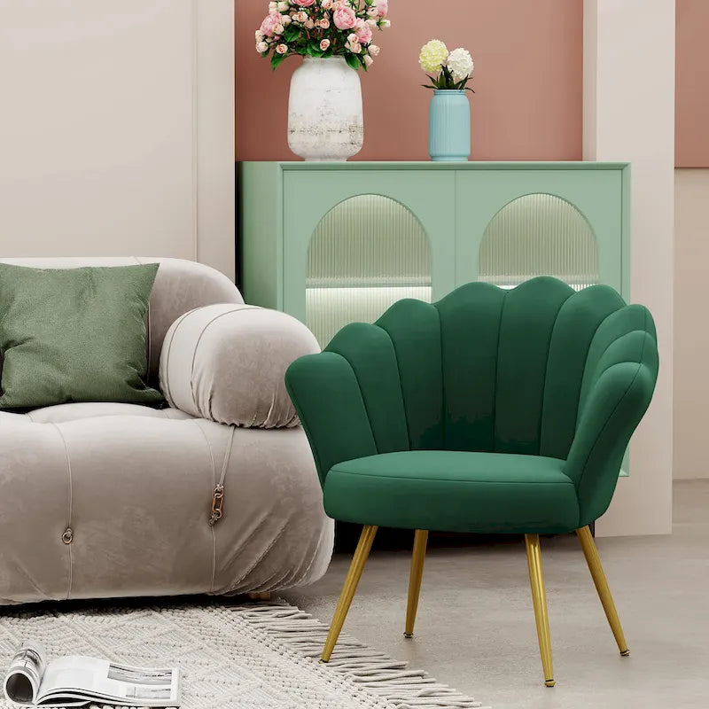 Fauteuil d'appoint pour salon, jolie chaise de coiffeuse en velours doré avec dossier pour salle de maquillage, chaise de bureau rembourrée en forme de coquille