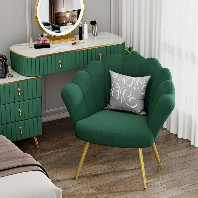 Fauteuil d'appoint pour salon, jolie chaise de coiffeuse en velours doré avec dossier pour salle de maquillage, chaise de bureau rembourrée en forme de coquille