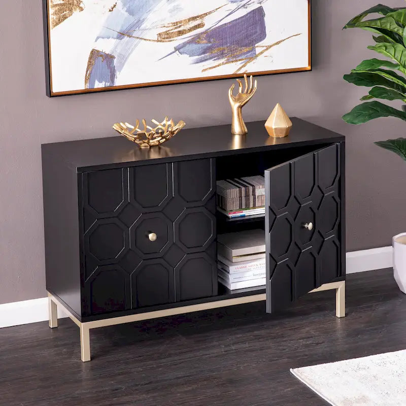 Buffet contemporain décoratif à 2 portes avec quincaillerie dorée