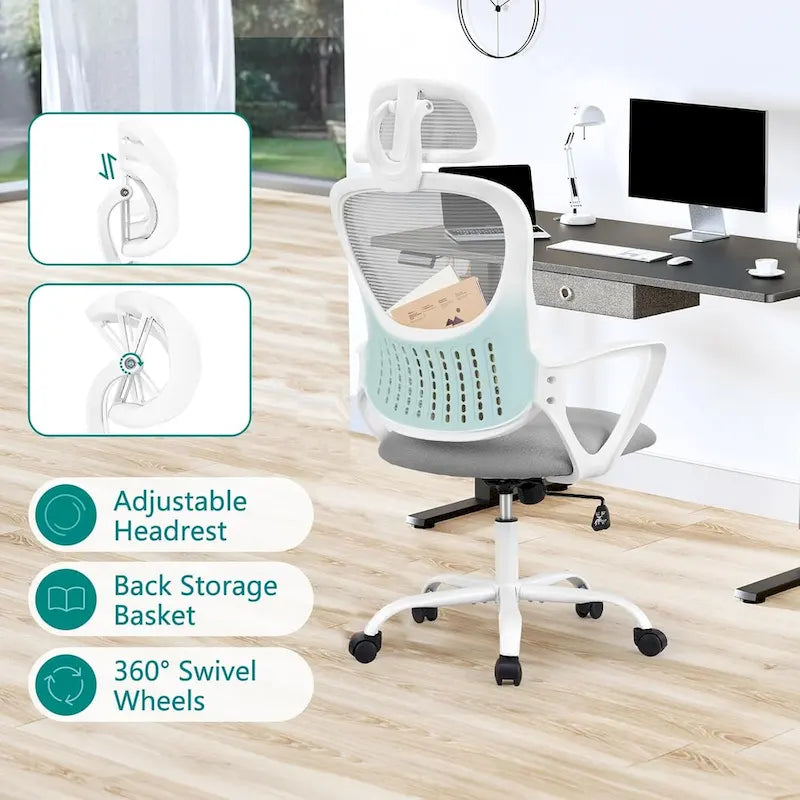 Chaise de bureau ergonomique, chaise d'ordinateur confortable en maille à dossier haut avec accoudoirs fixes et appuie-tête réglable, chaise pivotante à roulettes