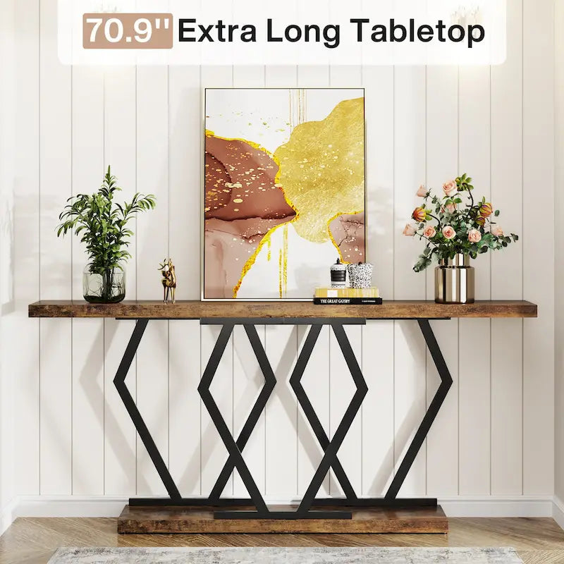 Table console longue de 70,9 pouces pour entrée, tables d'appoint de couloir modernes avec pieds en métal élégants