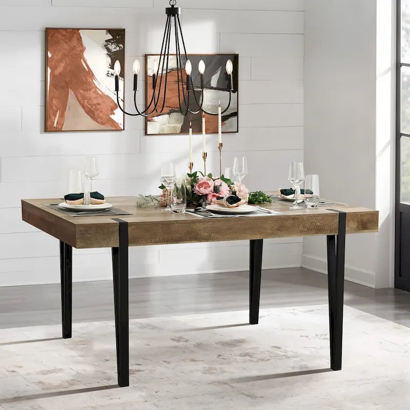 Table de salle à manger pour 6 personnes en bois manufacturé finition chêne avec pieds en métal noir - 30 H x 63 L x 35.5 P