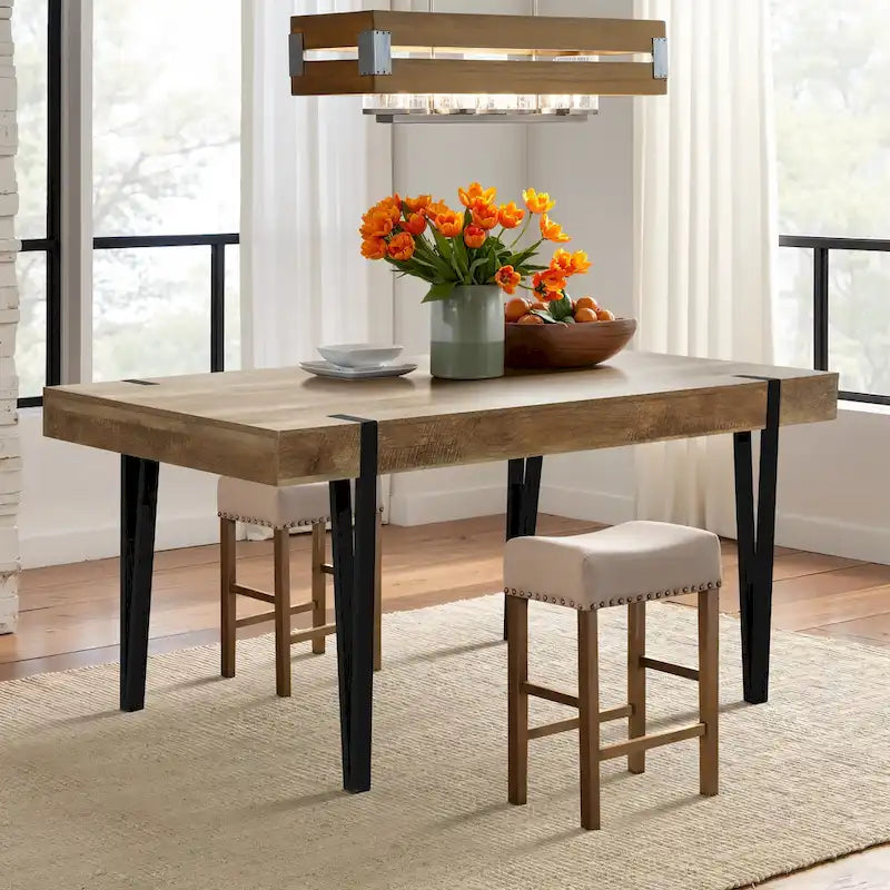 Table de salle à manger pour 6 personnes en bois manufacturé finition chêne avec pieds en métal noir - 30 H x 63 L x 35.5 P