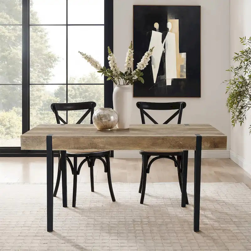 Table de salle à manger pour 6 personnes en bois manufacturé finition chêne avec pieds en métal noir - 30 H x 63 L x 35.5 P