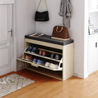 Banc de Rangement à Chaussures en Rotin avec Tiroirs Basculants et Coussin d'Assise pour Entrée
