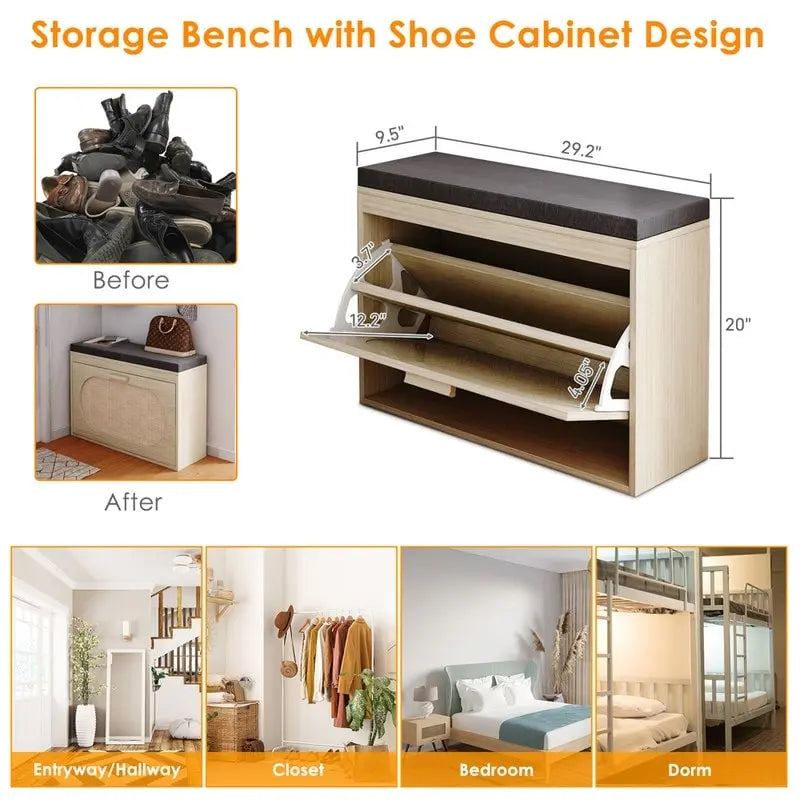 Banc de Rangement à Chaussures en Rotin avec Tiroirs Basculants et Coussin d'Assise pour Entrée