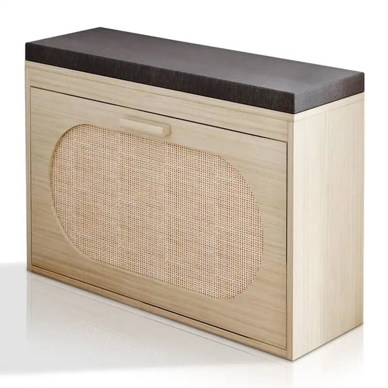 Banc de Rangement à Chaussures en Rotin avec Tiroirs Basculants et Coussin d'Assise pour Entrée