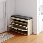 Banc de Rangement à Chaussures en Rotin avec Tiroirs Basculants et Coussin d'Assise pour Entrée