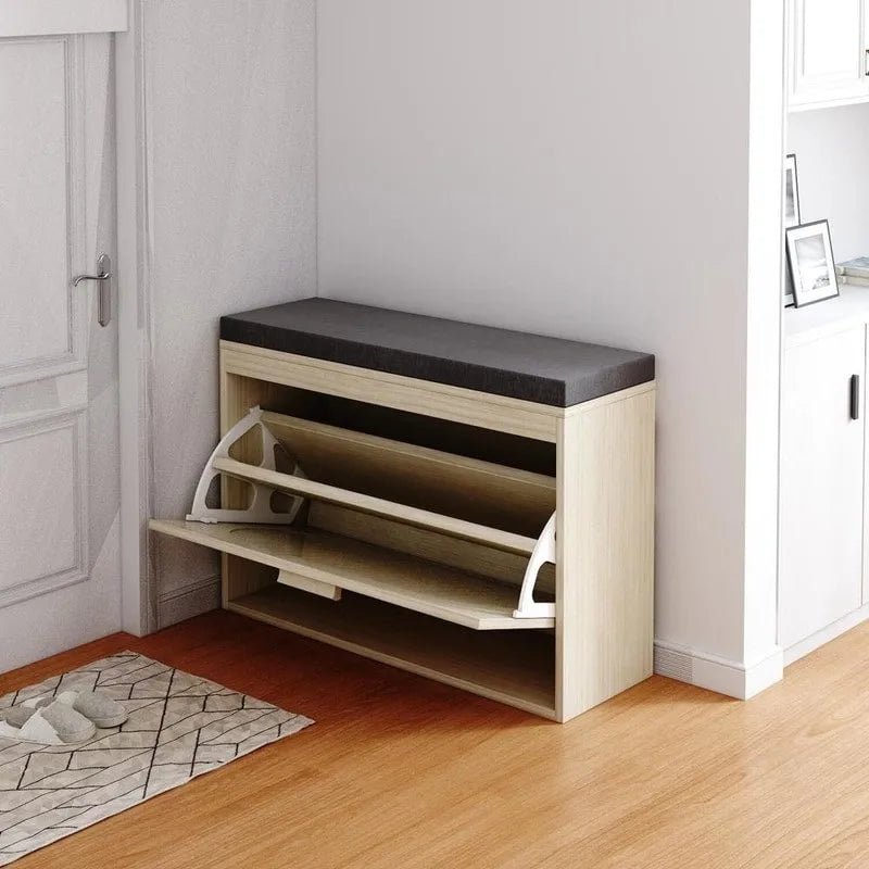 Banc de Rangement à Chaussures en Rotin avec Tiroirs Basculants et Coussin d'Assise pour Entrée