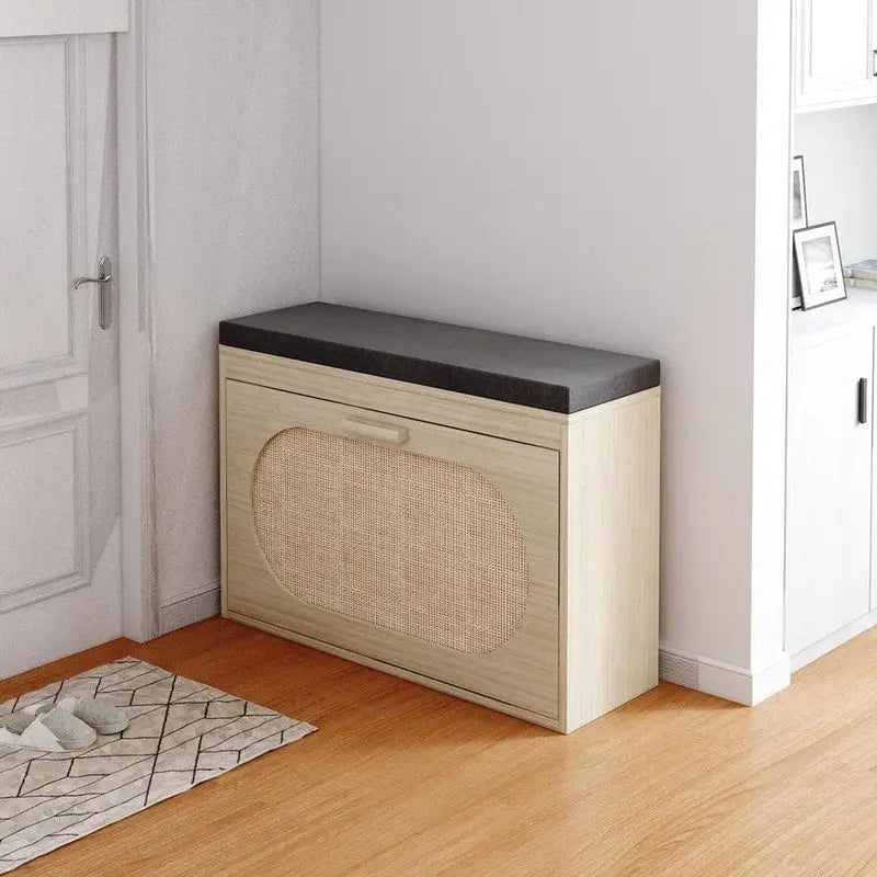 Banc de Rangement à Chaussures en Rotin avec Tiroirs Basculants et Coussin d'Assise pour Entrée