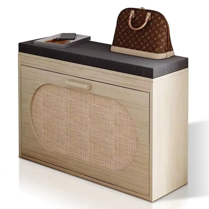 Banc de Rangement à Chaussures en Rotin avec Tiroirs Basculants et Coussin d'Assise pour Entrée