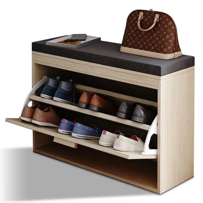 Banc de Rangement à Chaussures en Rotin avec Tiroirs Basculants et Coussin d'Assise pour Entrée
