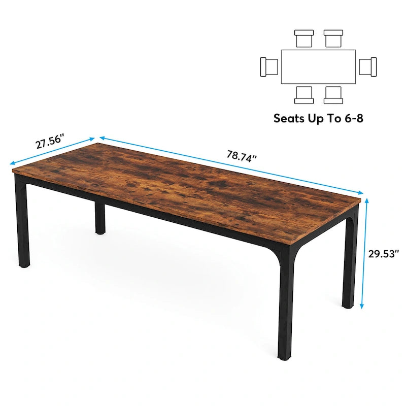 Table à manger rectangulaire industrielle de 200 cm avec pieds en métal robustes (Table seule)
